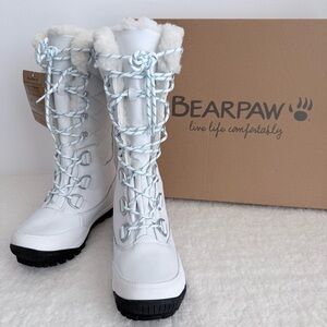 Bearpaw Isabella Women's Winter Boots with Blue Accents, White, Size 7